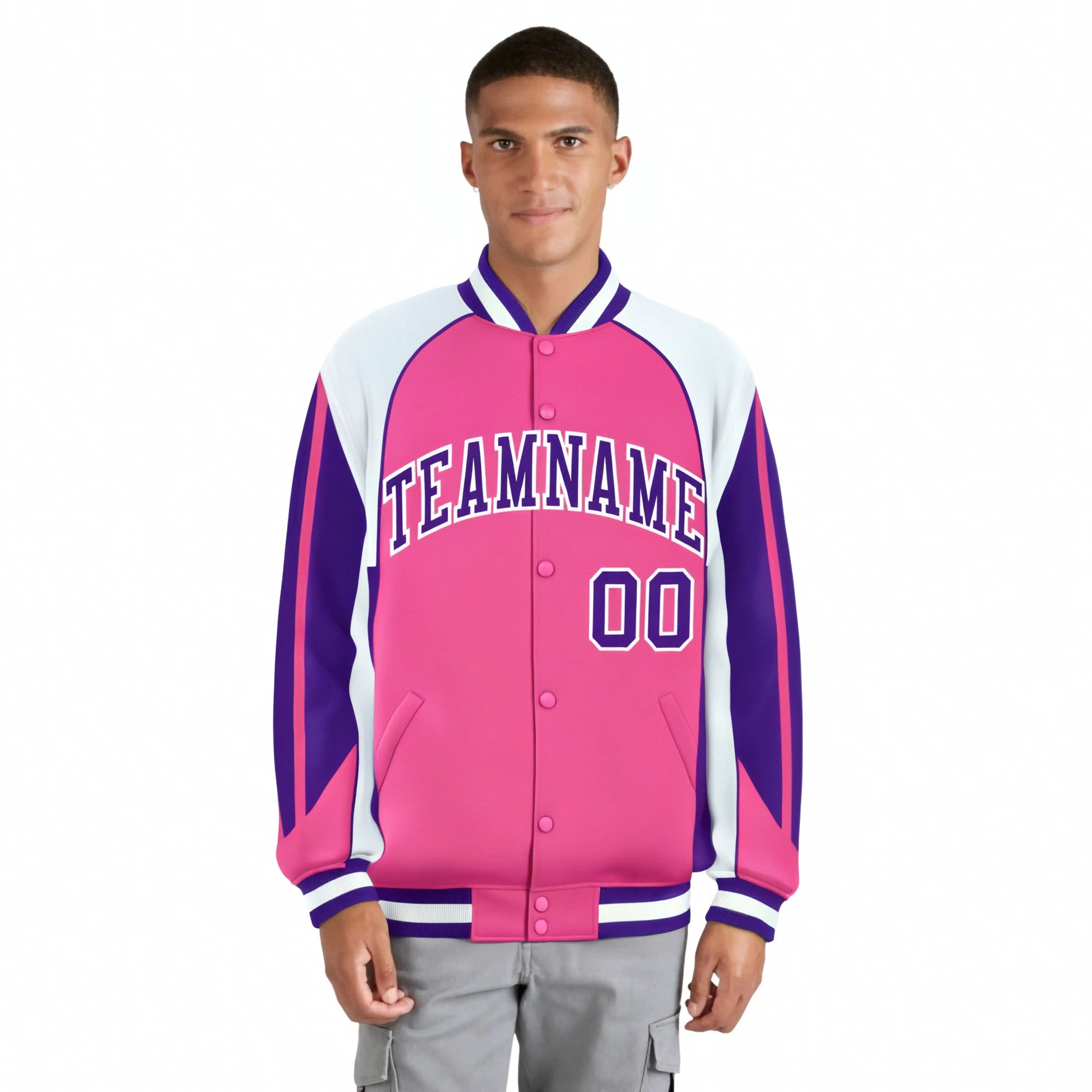 Custom Pink White-Purple Raglan Sleeves Varsity Letterman Two Tone Jacket