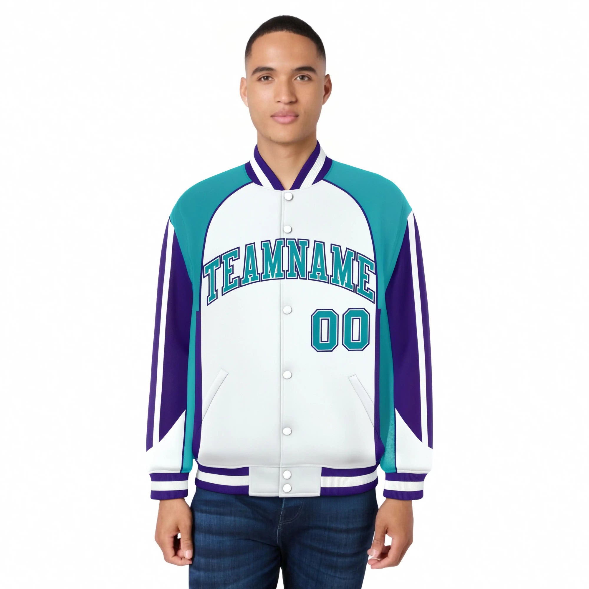 Custom White Aqua-Purple Raglan Sleeves Varsity Letterman Two Tone Jacket