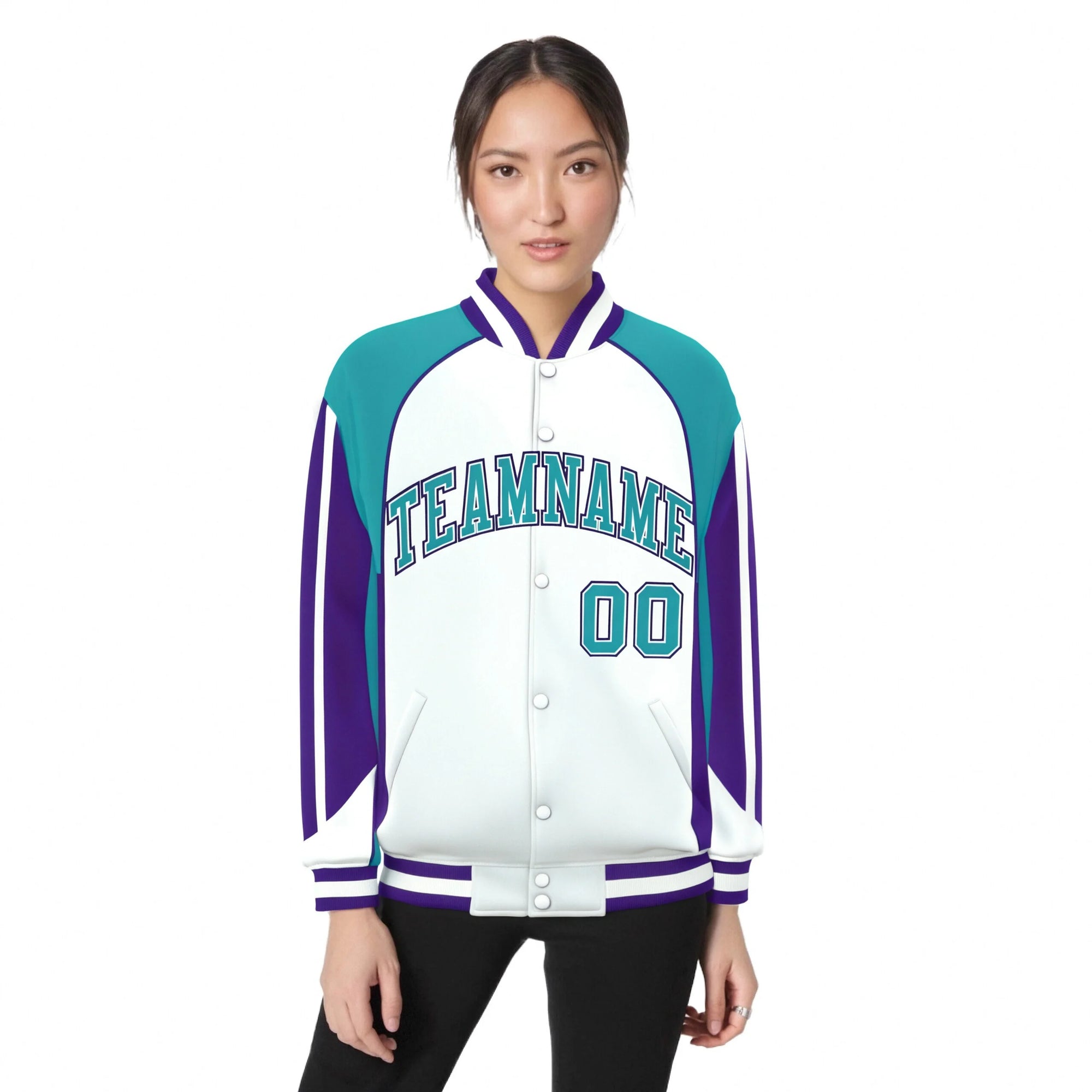 Custom White Aqua-Purple Raglan Sleeves Varsity Letterman Two Tone Jacket