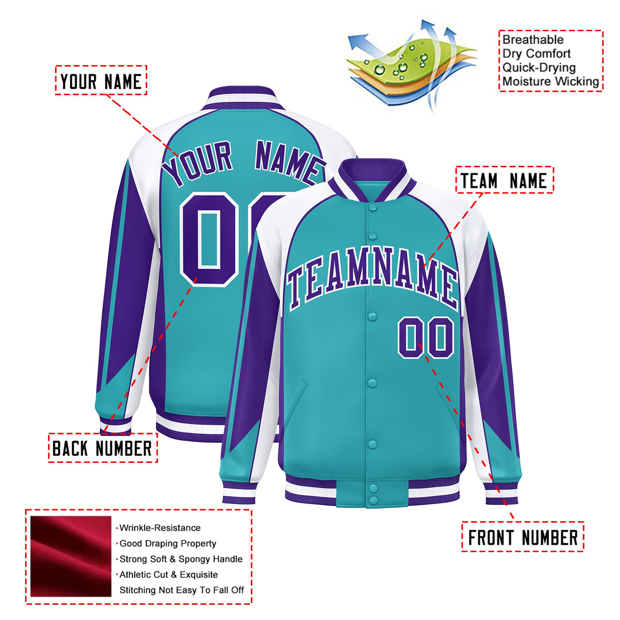 Custom Aqua White-Purple Raglan Sleeves Varsity Letterman Two Tone Jacket