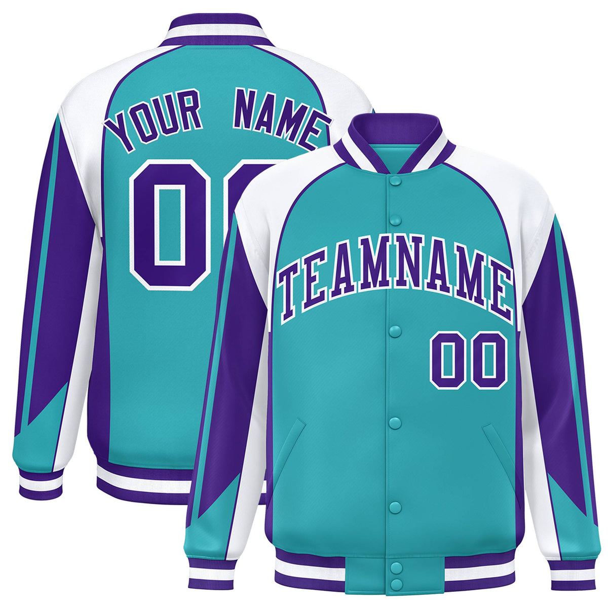 Custom Aqua White-Purple Raglan Sleeves Varsity Letterman Two Tone Jacket