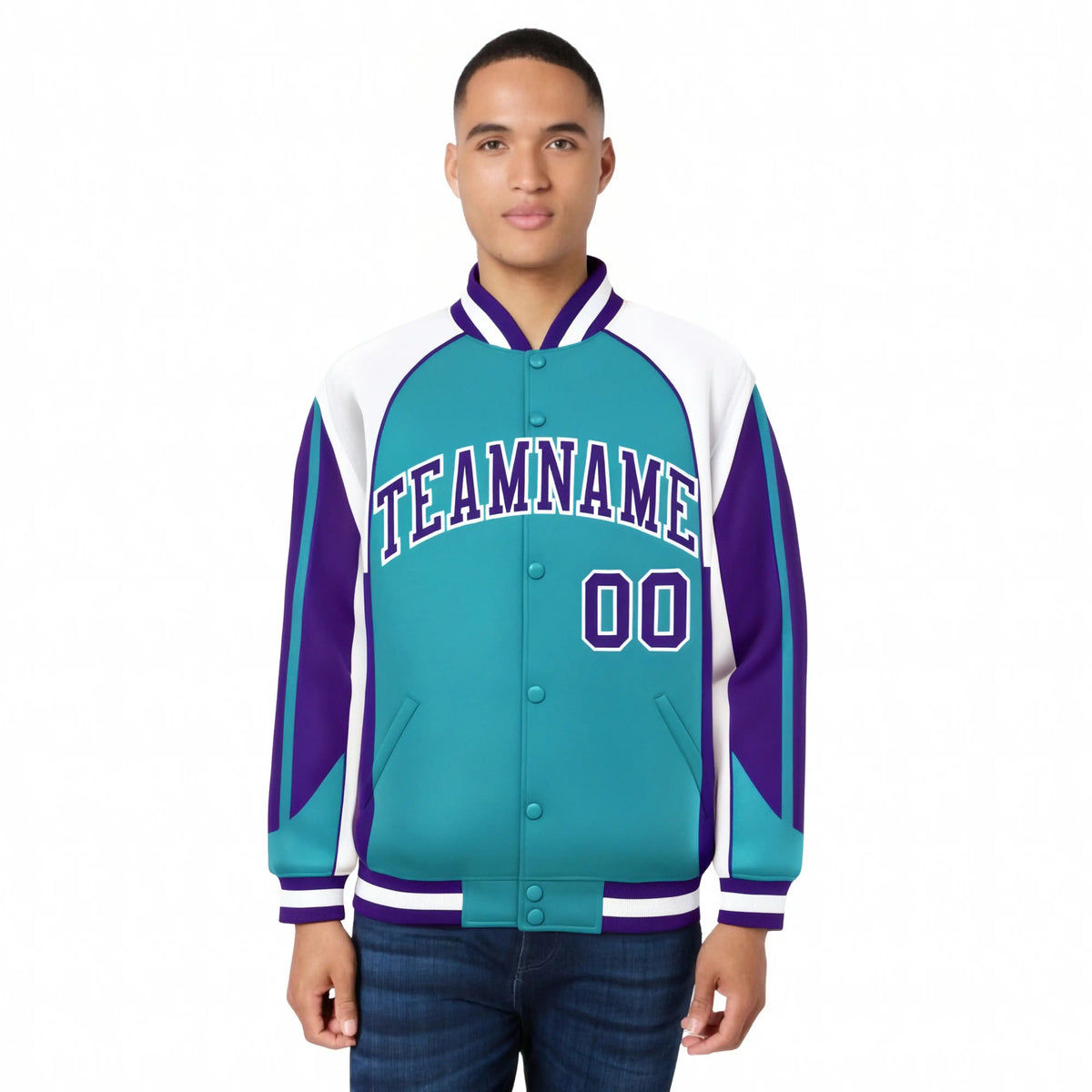 Custom Aqua White-Purple Raglan Sleeves Varsity Letterman Two Tone Jacket