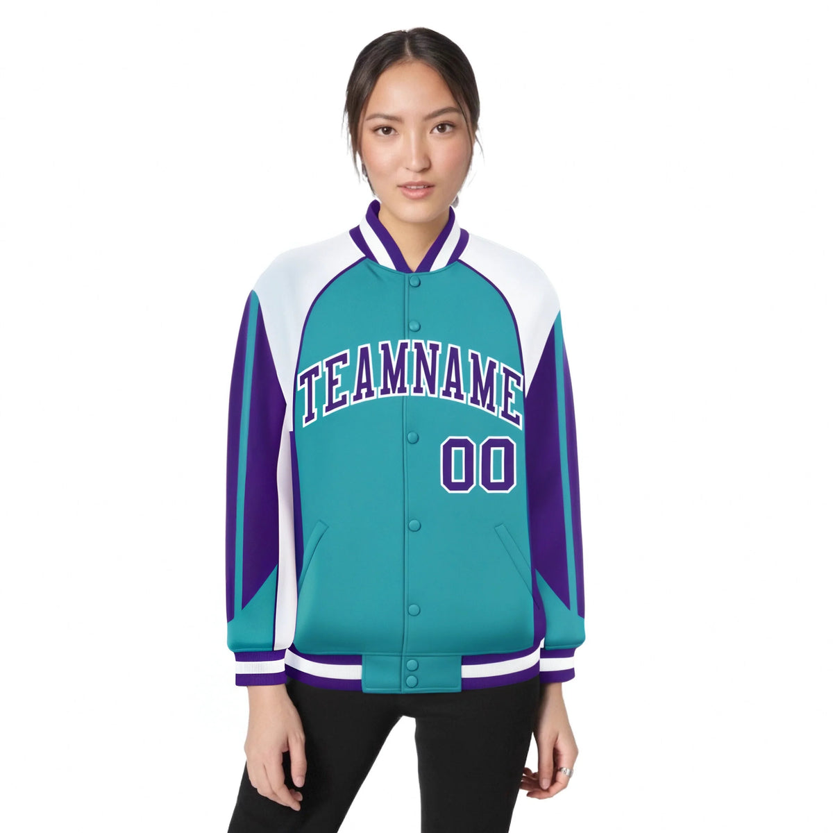 Custom Aqua White-Purple Raglan Sleeves Varsity Letterman Two Tone Jacket