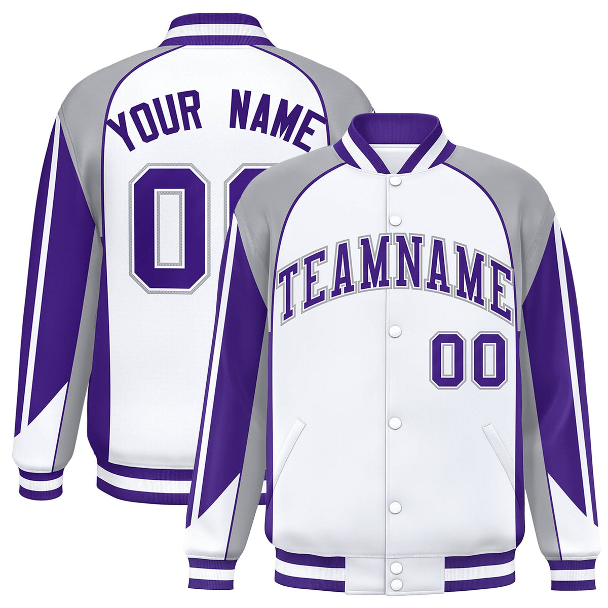 Custom White Gray-Purple Raglan Sleeves Varsity Letterman Two Tone Jacket