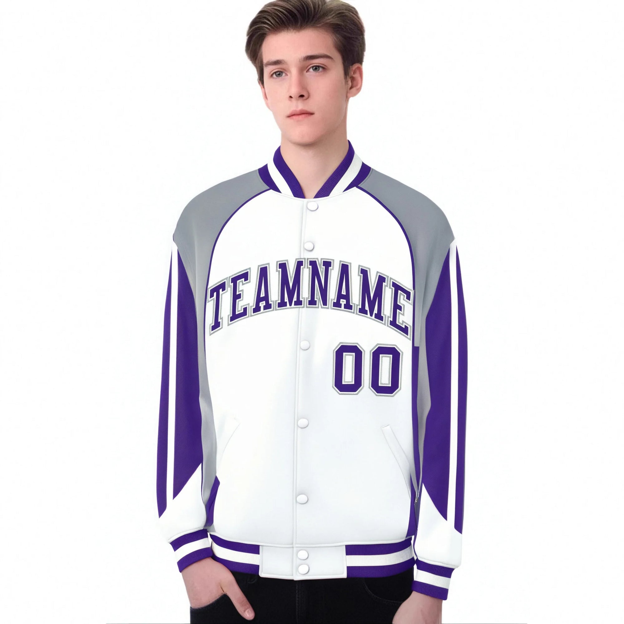 Custom White Gray-Purple Raglan Sleeves Varsity Letterman Two Tone Jacket