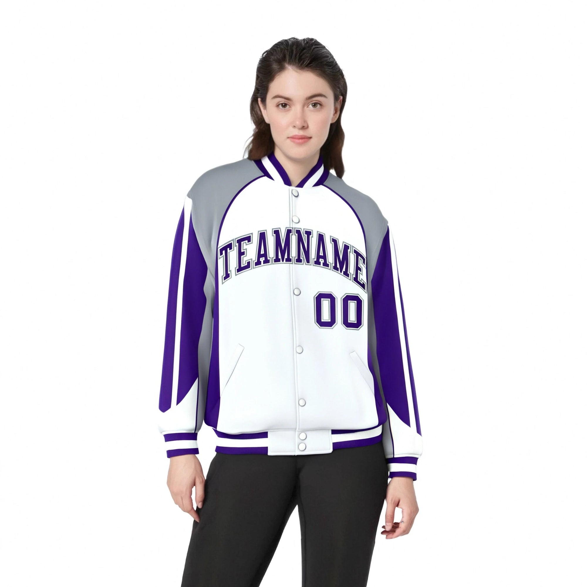 Custom White Gray-Purple Raglan Sleeves Varsity Letterman Two Tone Jacket