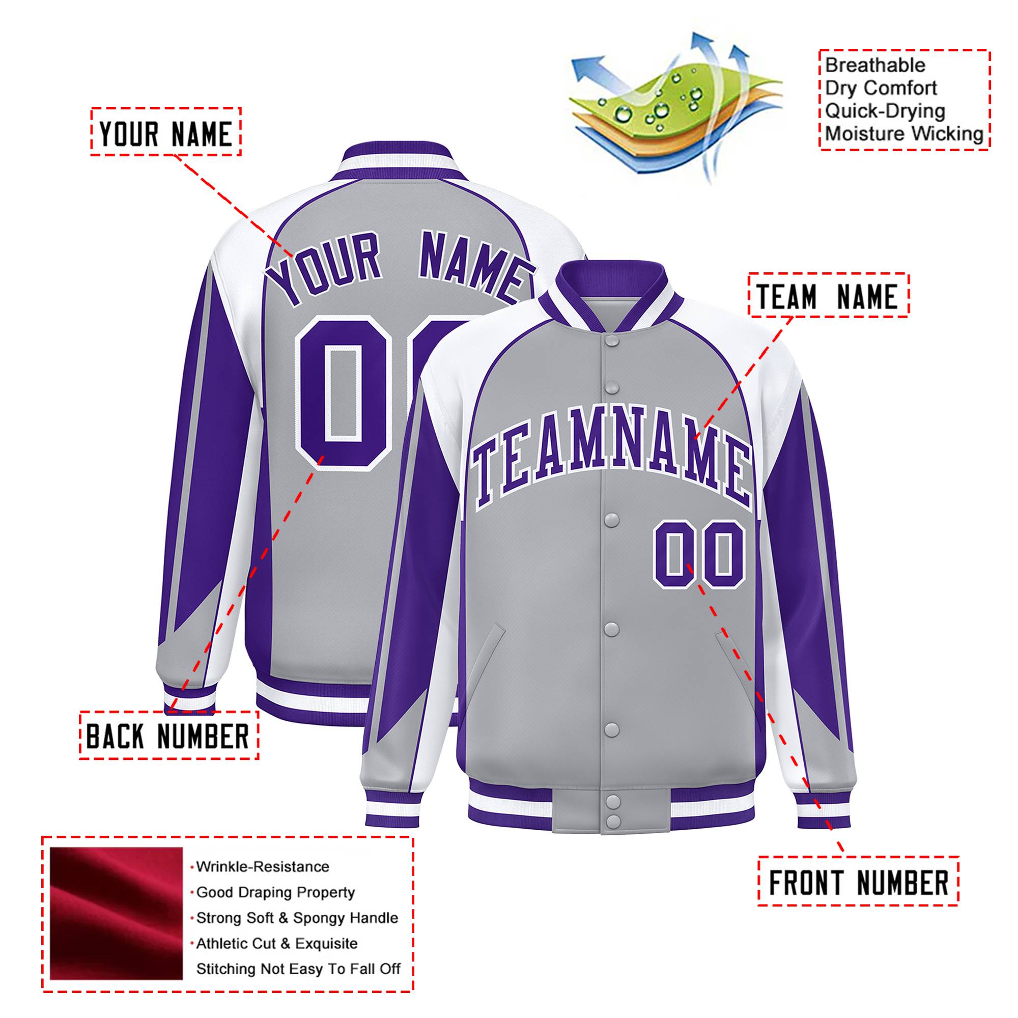 Custom Gray White-Purple Raglan Sleeves Varsity Letterman Two Tone Jacket