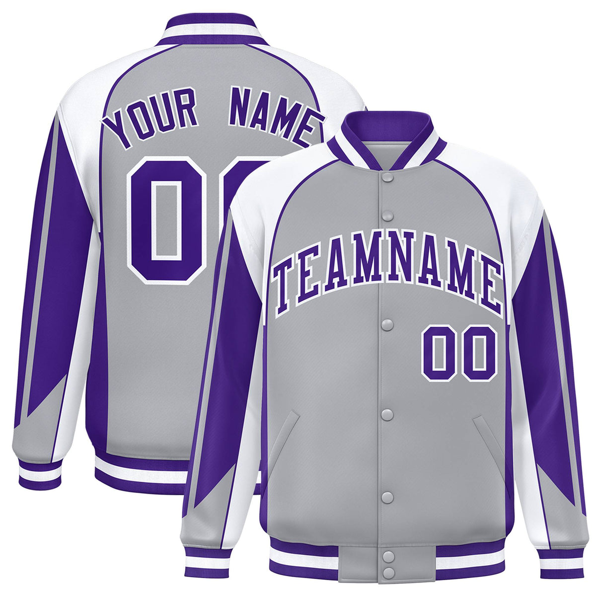 Custom Gray White-Purple Raglan Sleeves Varsity Letterman Two Tone Jacket