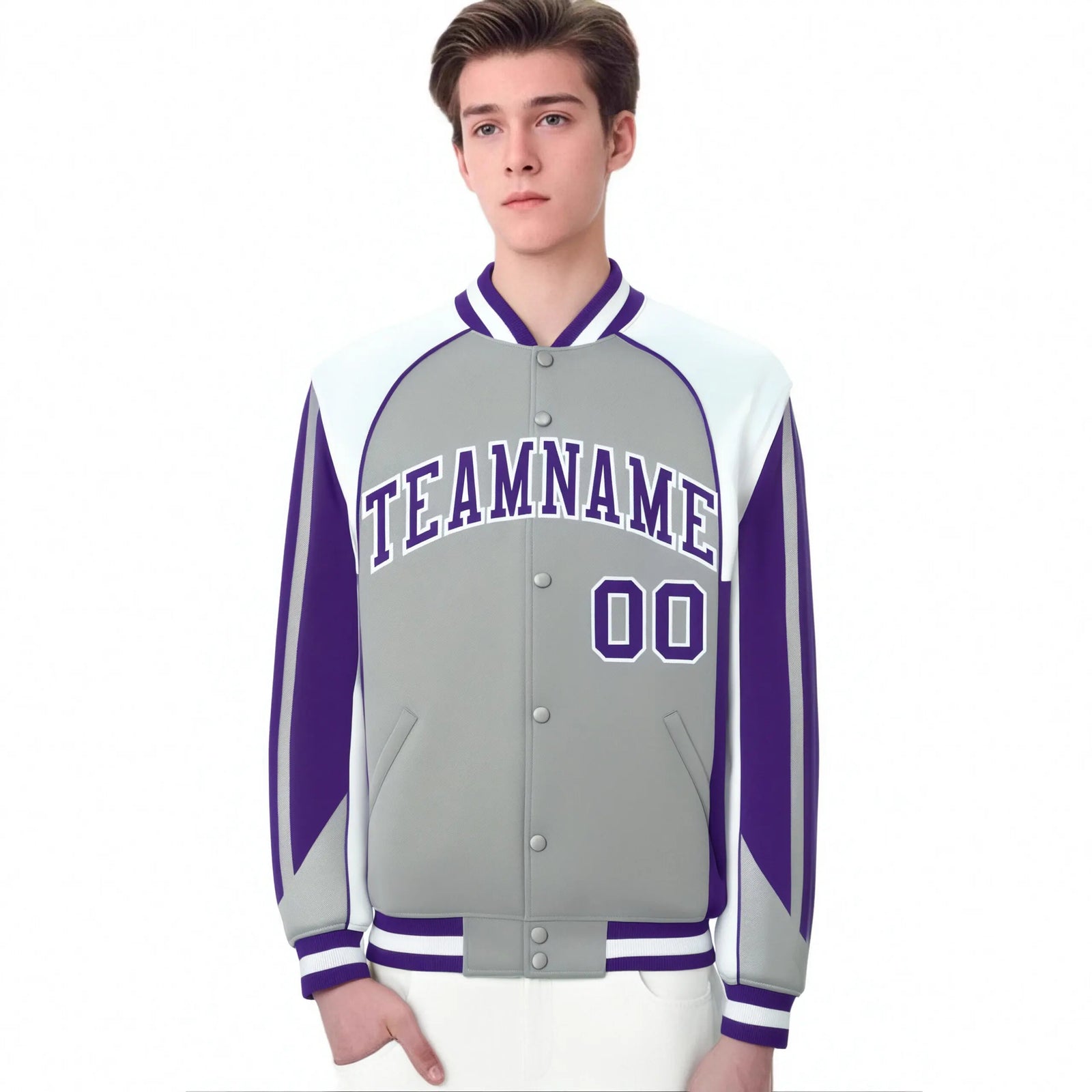 Custom Gray White-Purple Raglan Sleeves Varsity Letterman Two Tone Jacket