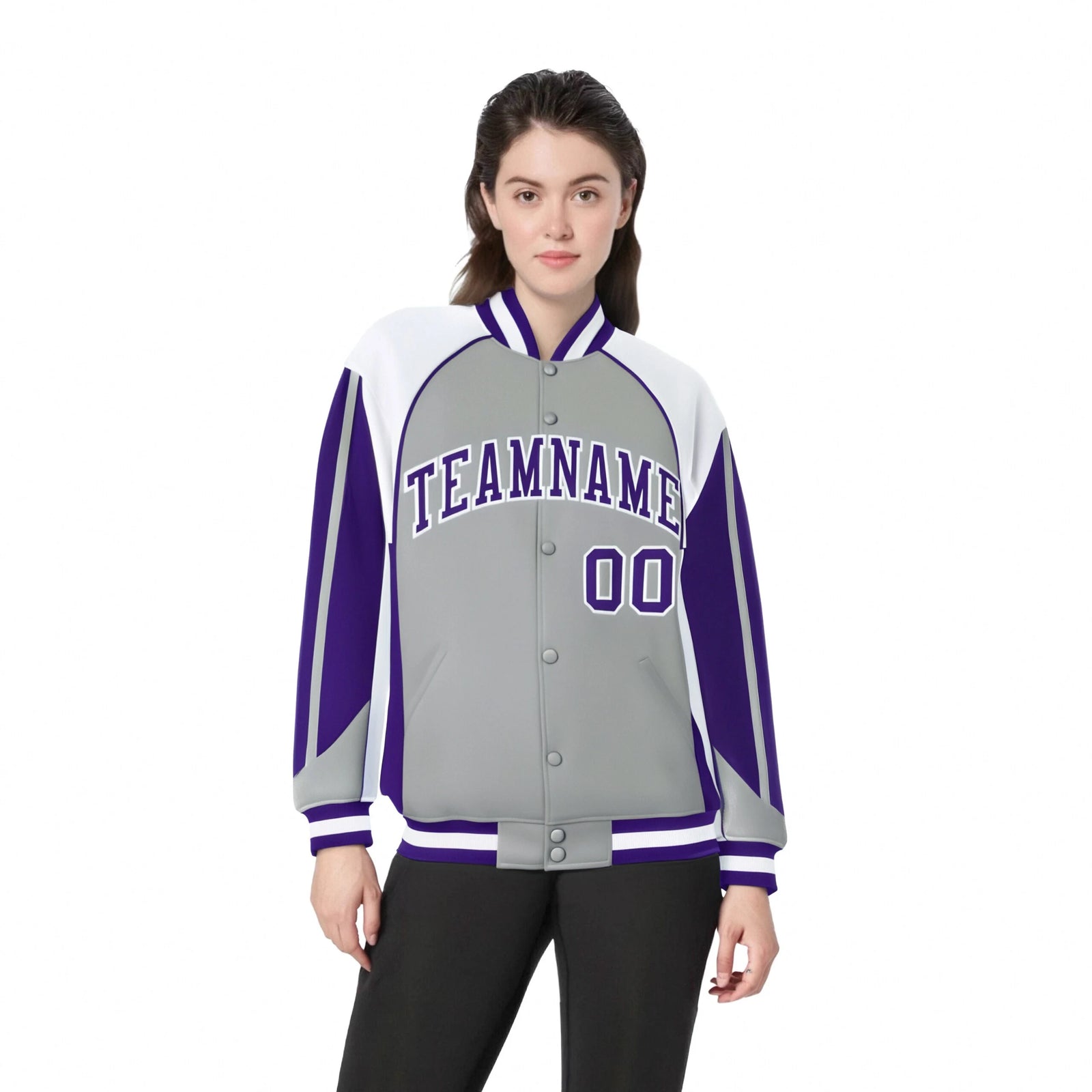 Custom Gray White-Purple Raglan Sleeves Varsity Letterman Two Tone Jacket