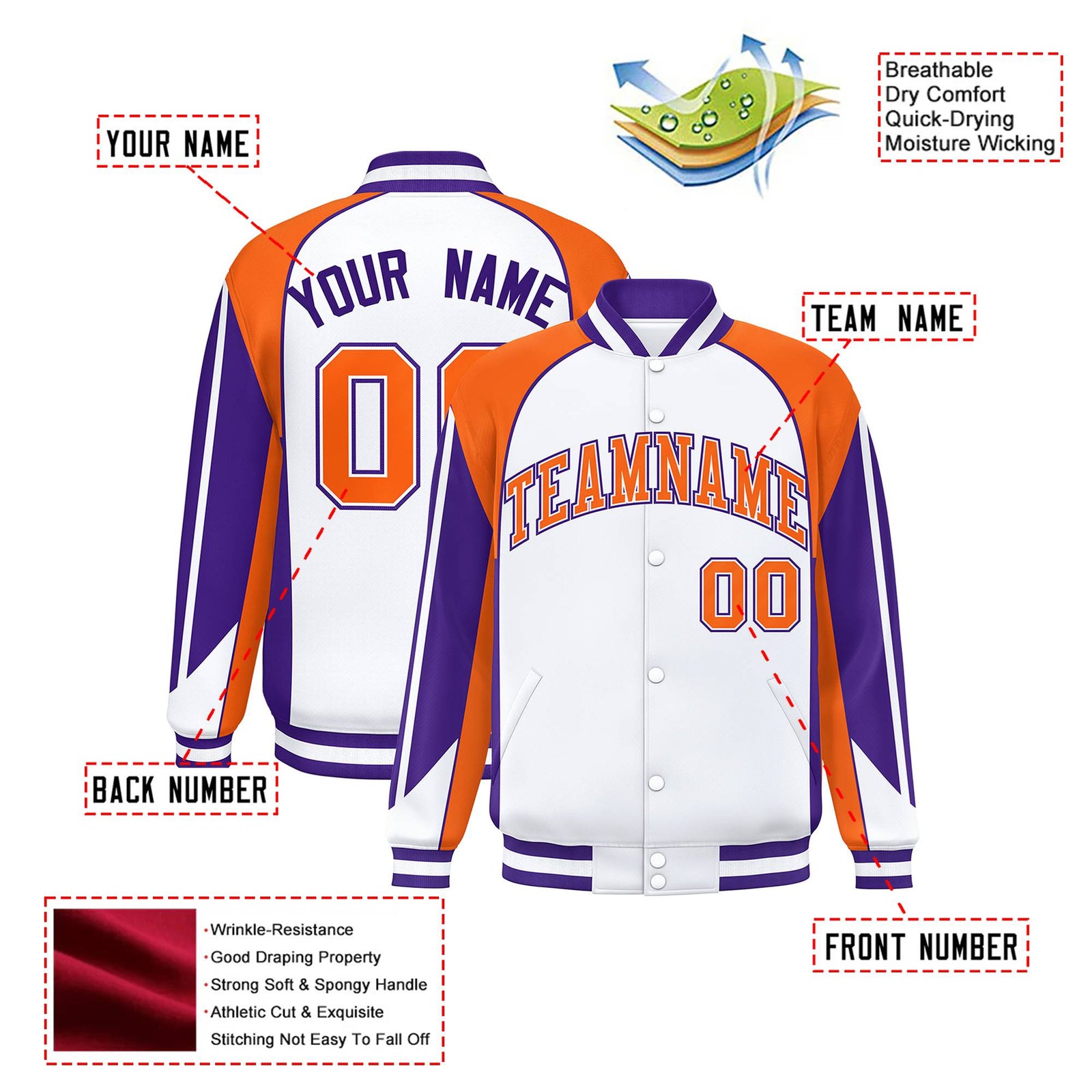 Custom White Orange-Purple Raglan Sleeves Varsity Letterman Two Tone Jacket