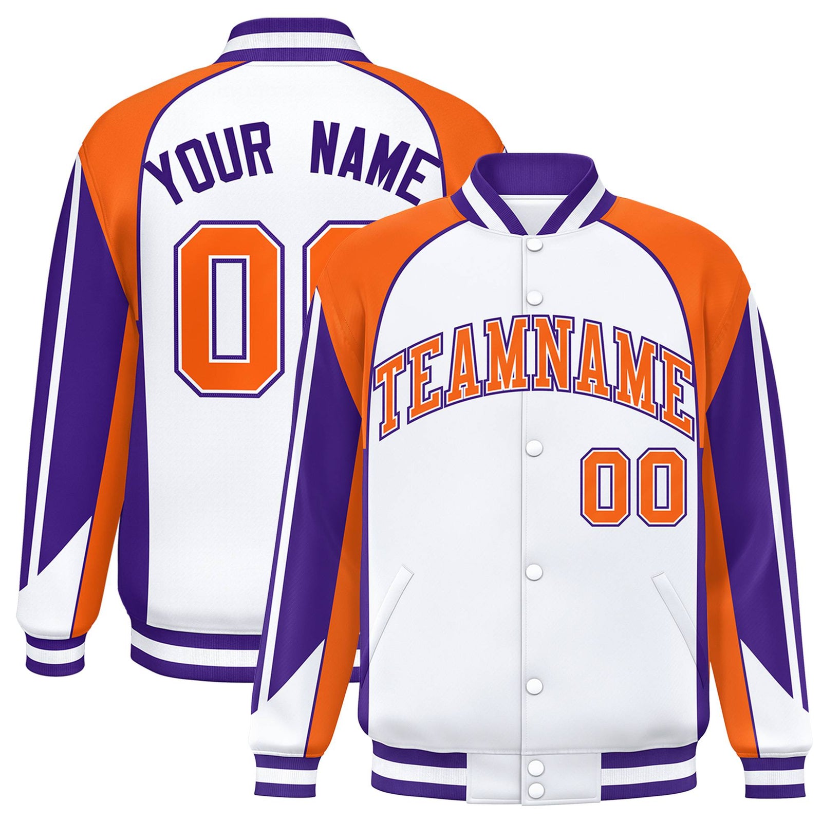 Custom White Orange-Purple Raglan Sleeves Varsity Letterman Two Tone Jacket