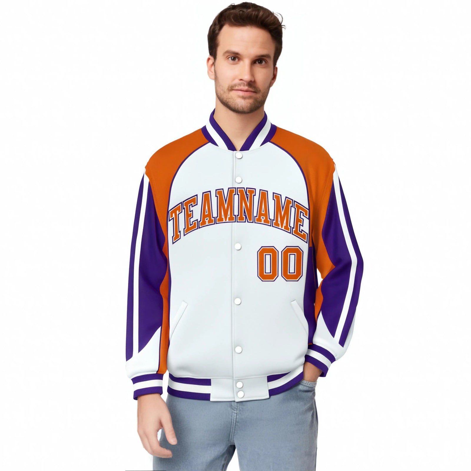 Custom White Orange-Purple Raglan Sleeves Varsity Letterman Two Tone Jacket