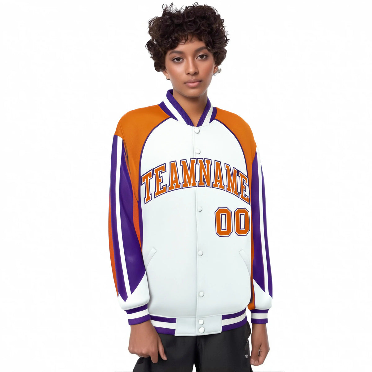 Custom White Orange-Purple Raglan Sleeves Varsity Letterman Two Tone Jacket