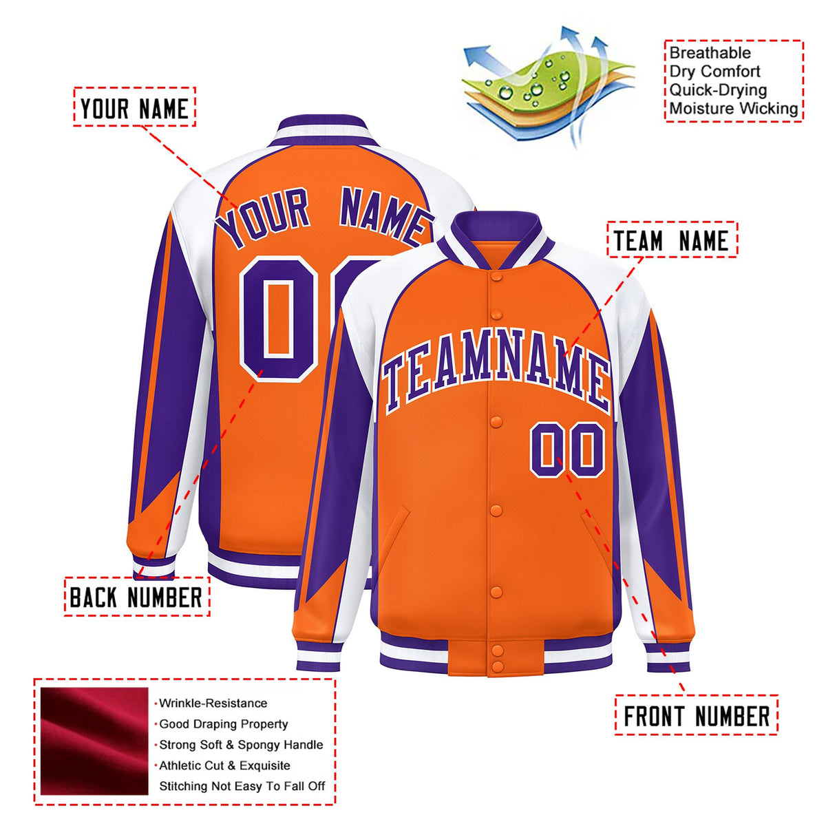 Custom Orange White-Purple Raglan Sleeves Varsity Letterman Two Tone Jacket