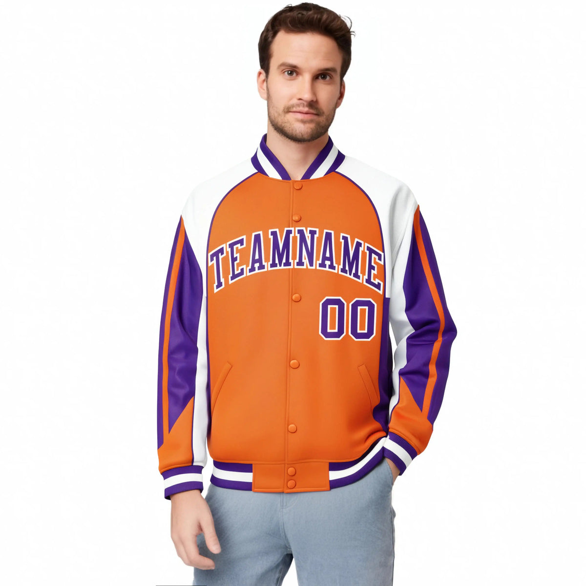 Custom Orange White-Purple Raglan Sleeves Varsity Letterman Two Tone Jacket