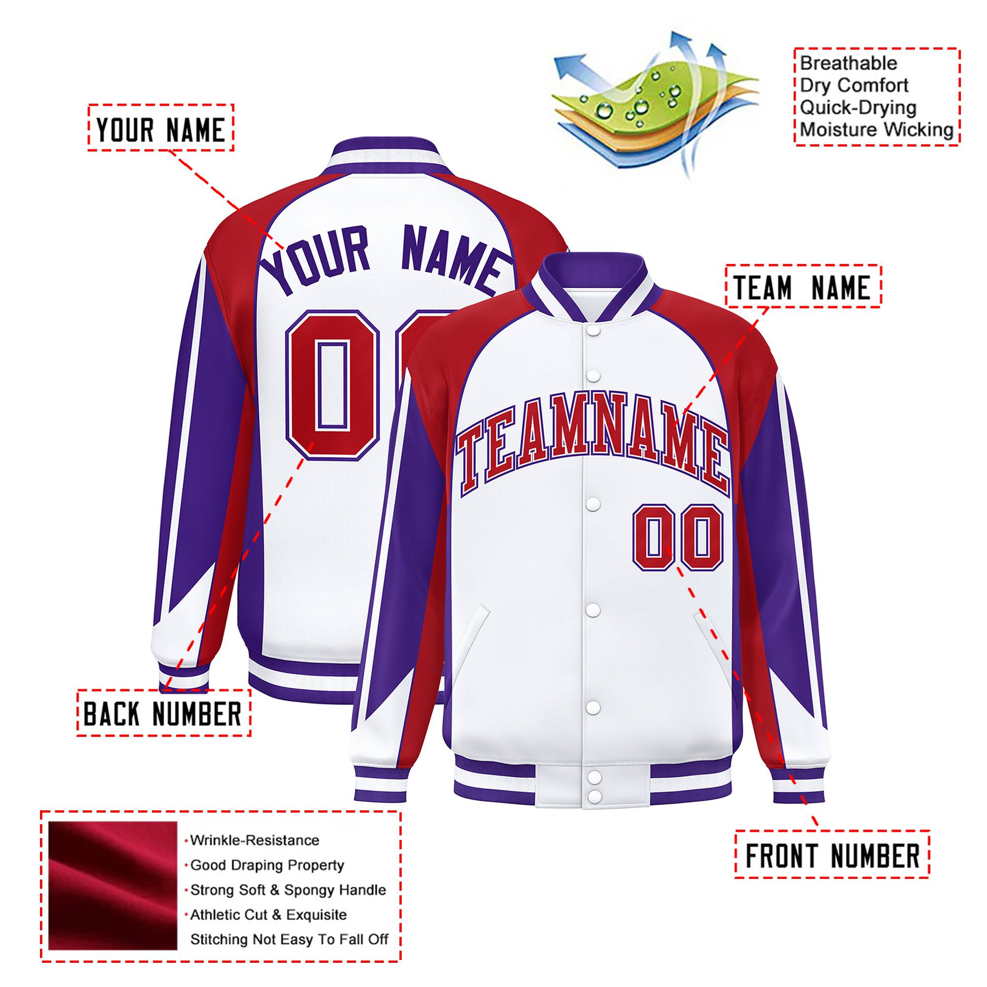 Custom White Burgundy-Purple Raglan Sleeves Varsity Letterman Two Tone Jacket