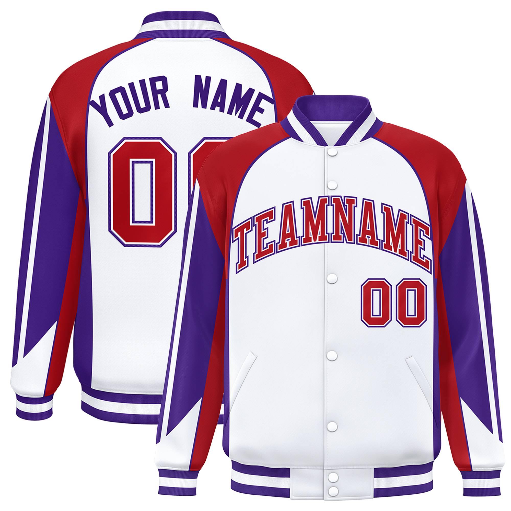 Custom White Burgundy-Purple Raglan Sleeves Varsity Letterman Two Tone Jacket