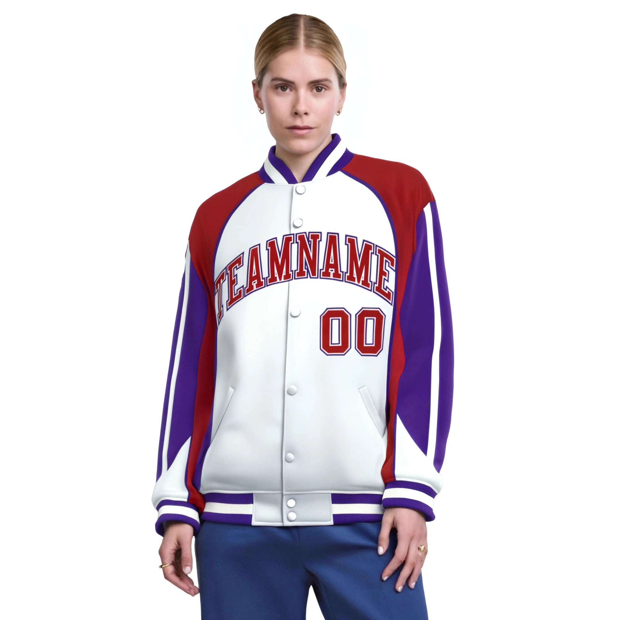 Custom White Burgundy-Purple Raglan Sleeves Varsity Letterman Two Tone Jacket