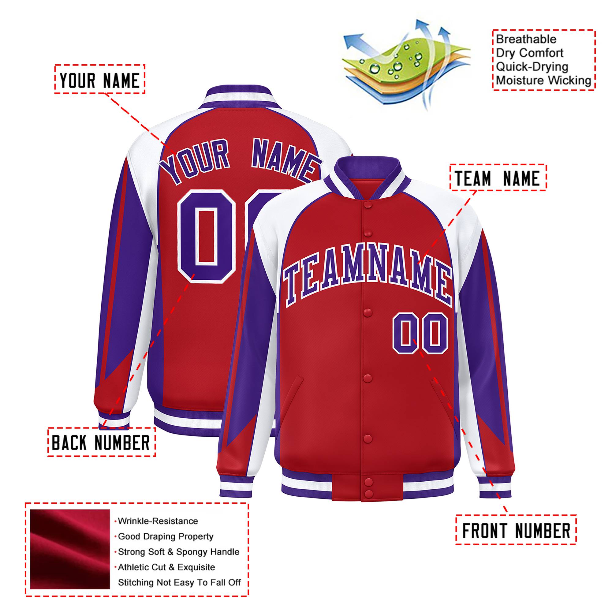 Custom Royal-Red White-Purple Raglan Sleeves Varsity Letterman Two Tone Jacket