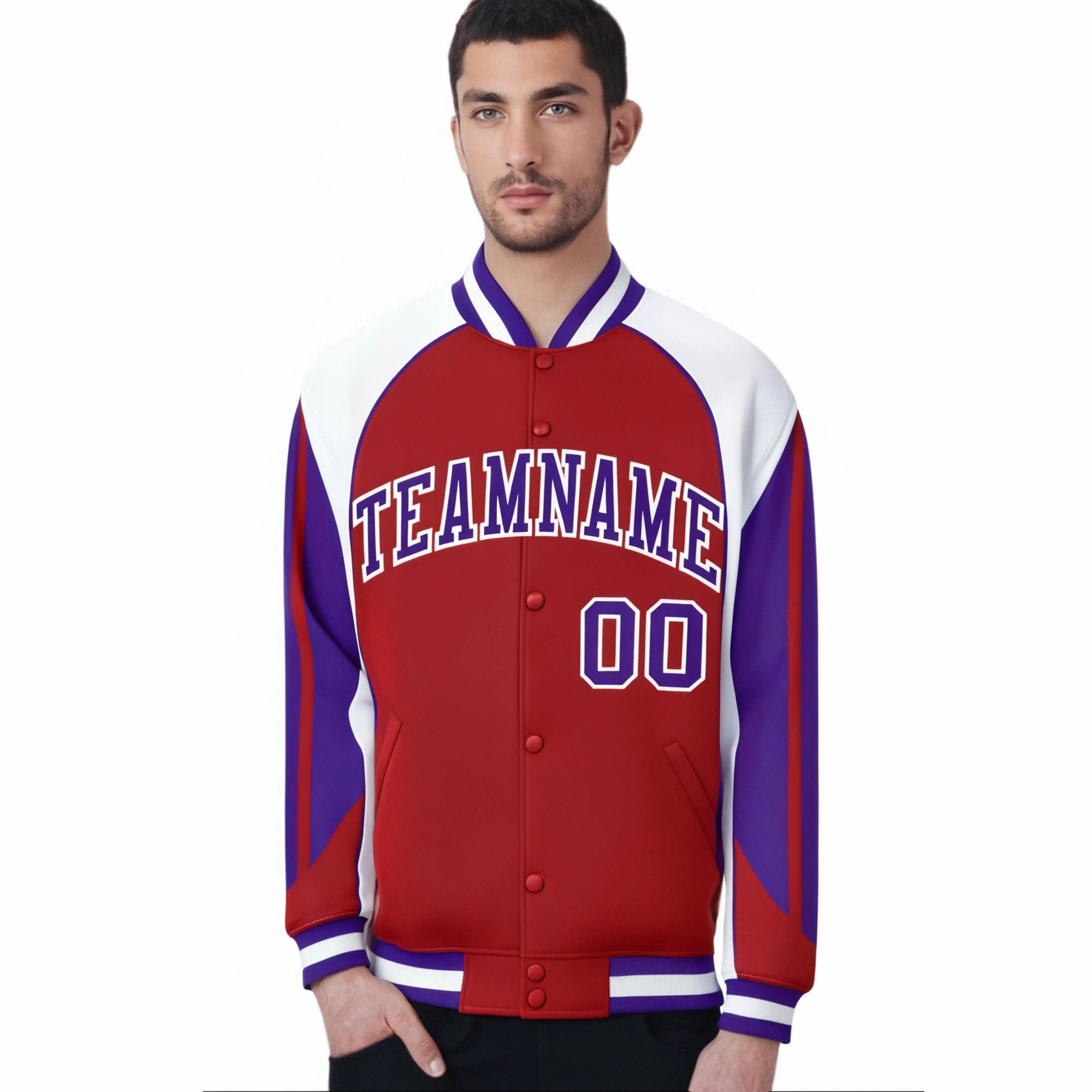 Custom Royal-Red White-Purple Raglan Sleeves Varsity Letterman Two Tone Jacket