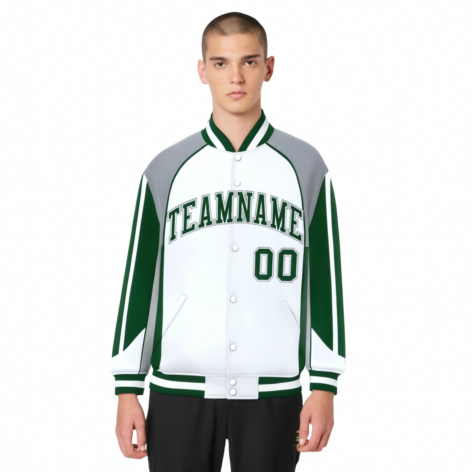 Custom White Gray Kelly-Green Raglan Sleeves Varsity Letterman Two Tone Jacket