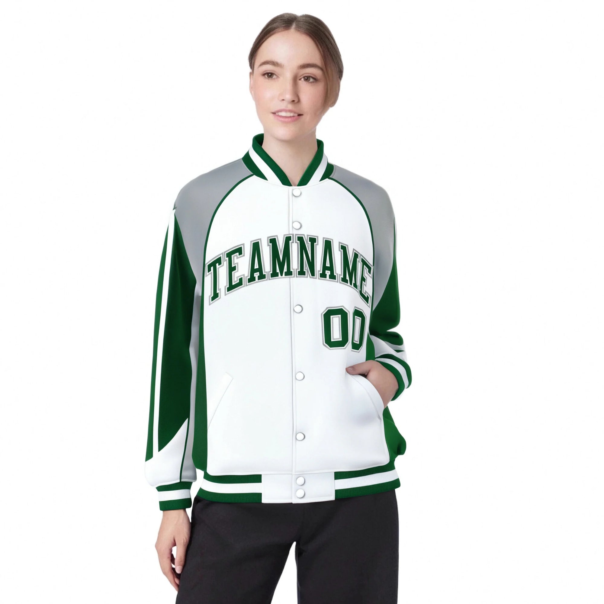 Custom White Gray Kelly-Green Raglan Sleeves Varsity Letterman Two Tone Jacket