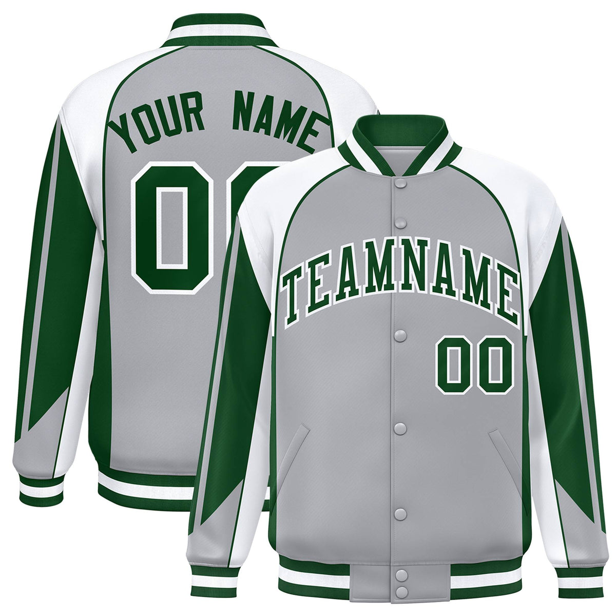 Custom Gray White Kelly-Green Raglan Sleeves Varsity Letterman Two Tone Jacket