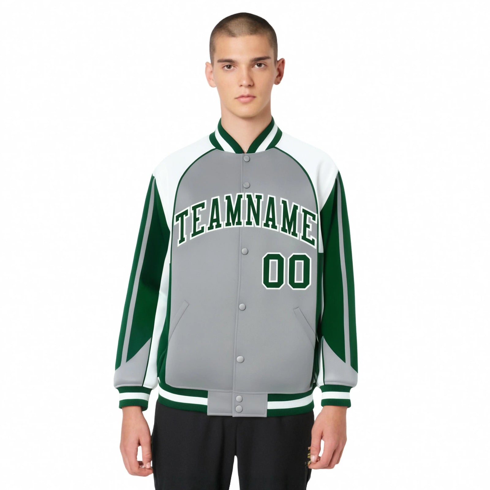 Custom Gray White Kelly-Green Raglan Sleeves Varsity Letterman Two Tone Jacket