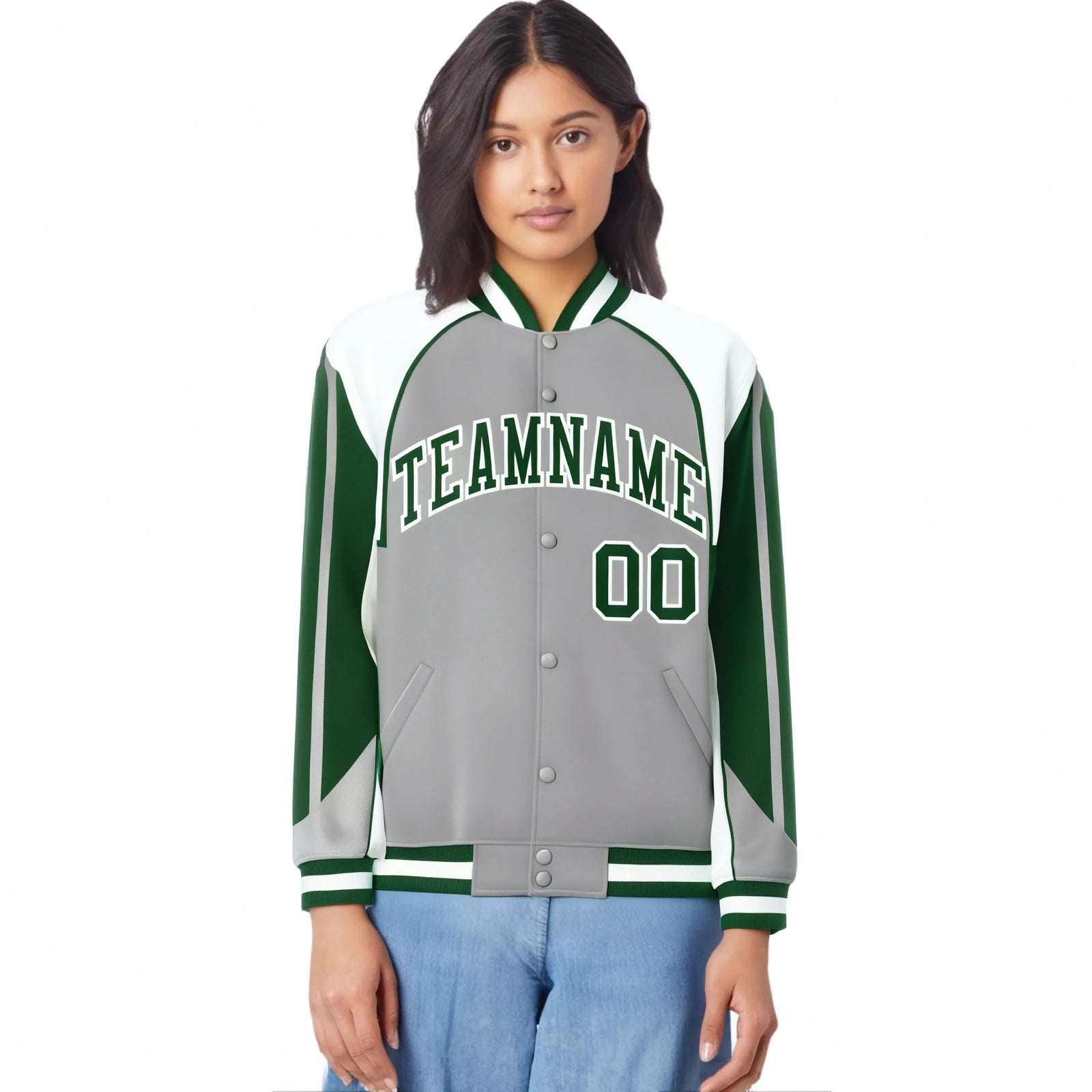 Custom Gray White Kelly-Green Raglan Sleeves Varsity Letterman Two Tone Jacket