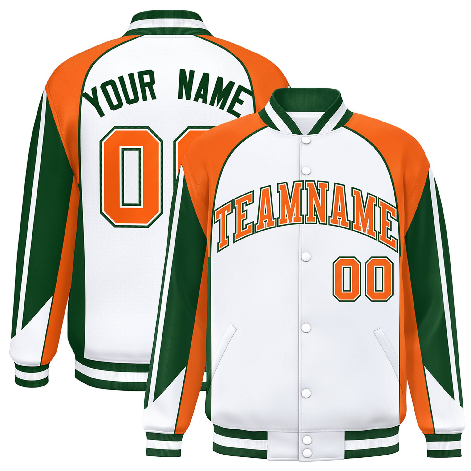 Custom White Orange Kelly-Green Raglan Sleeves Varsity Letterman Two Tone Jacket