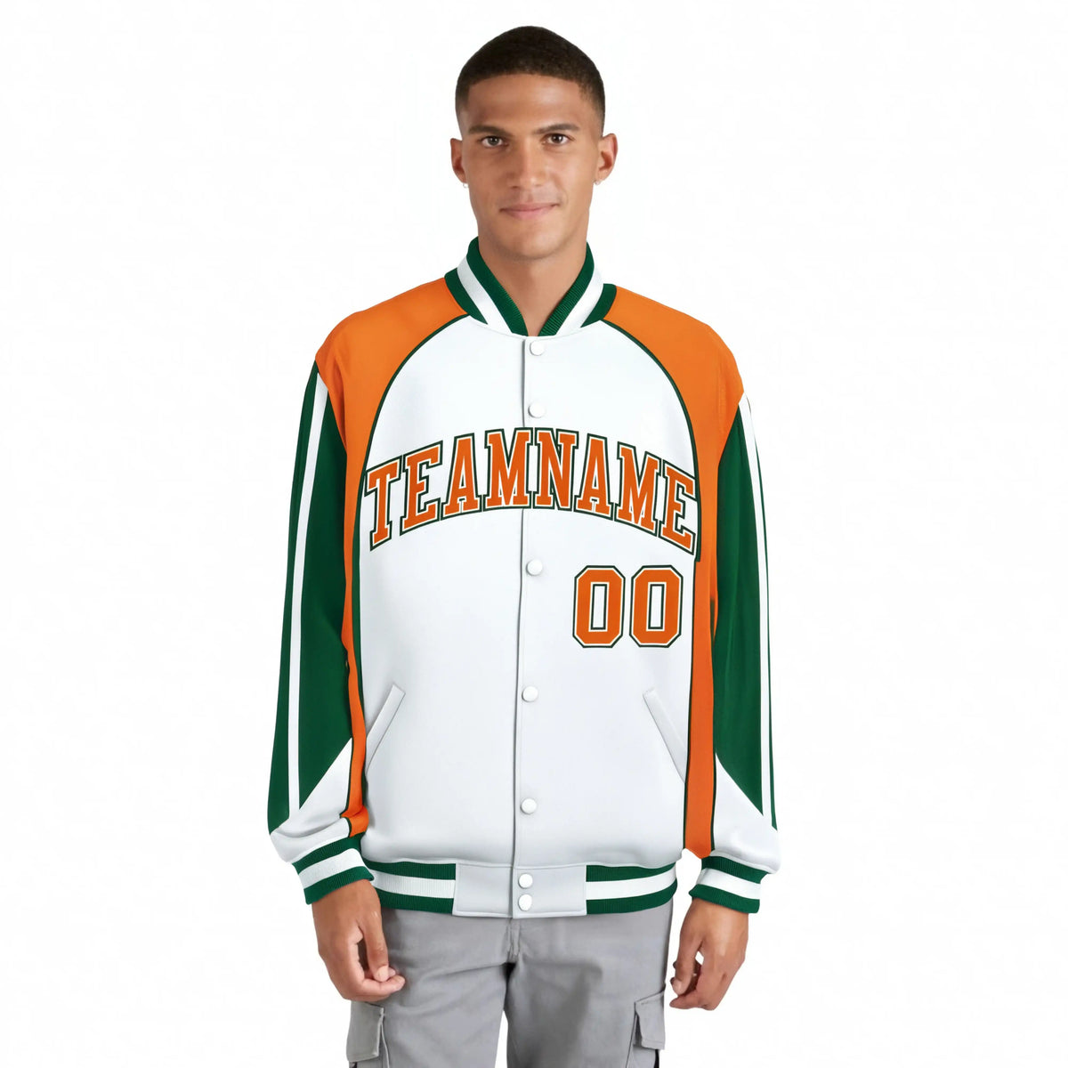 Custom White Orange Kelly-Green Raglan Sleeves Varsity Letterman Two Tone Jacket