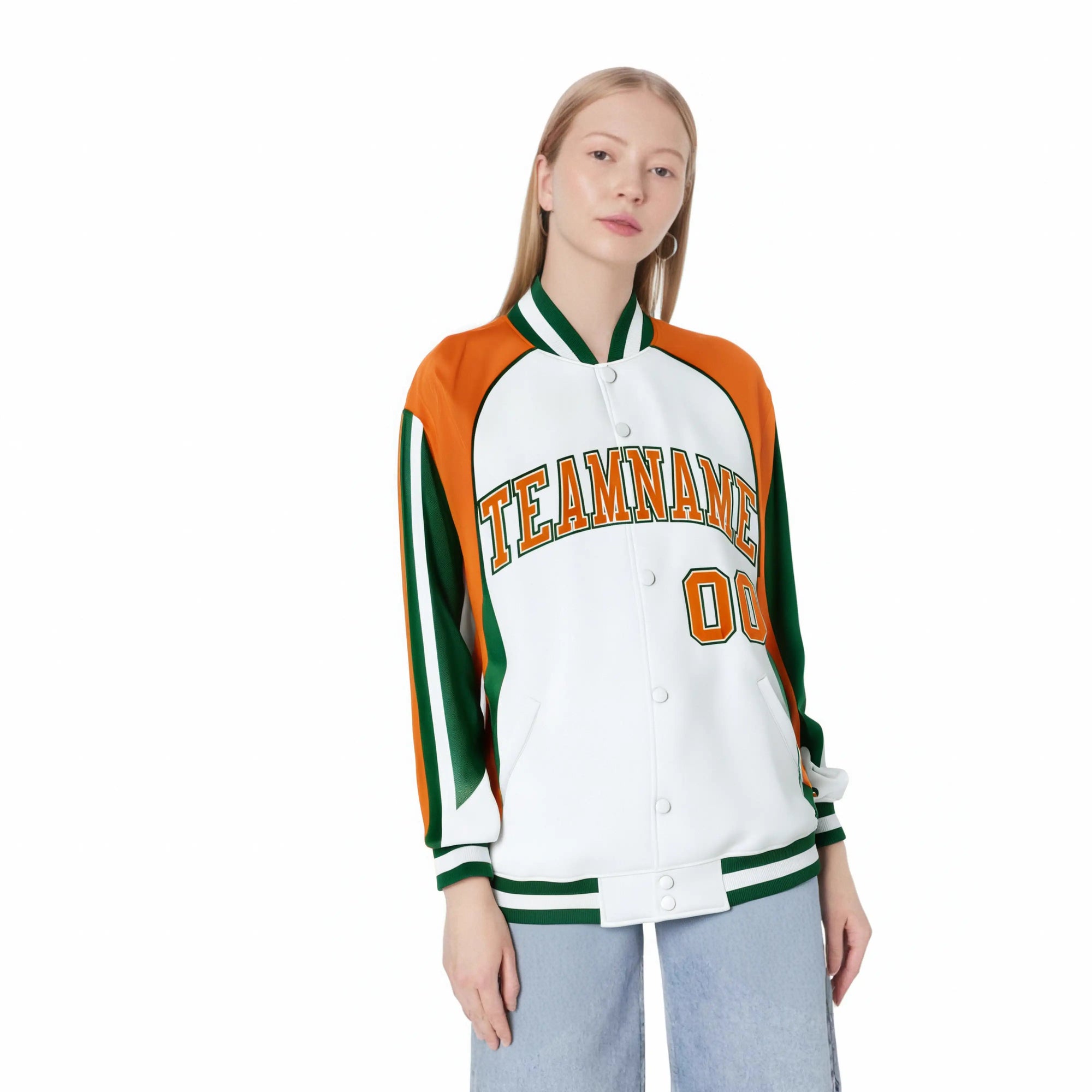 Custom White Orange Kelly-Green Raglan Sleeves Varsity Letterman Two Tone Jacket