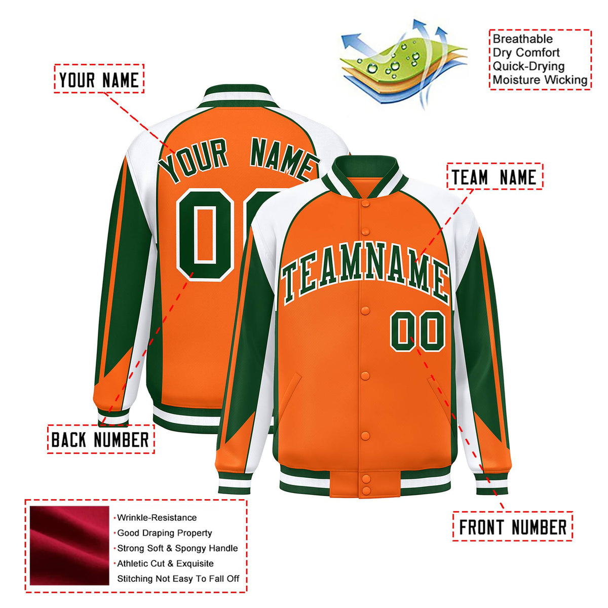 Custom Orange White Kelly-Green Raglan Sleeves Varsity Letterman Two Tone Jacket
