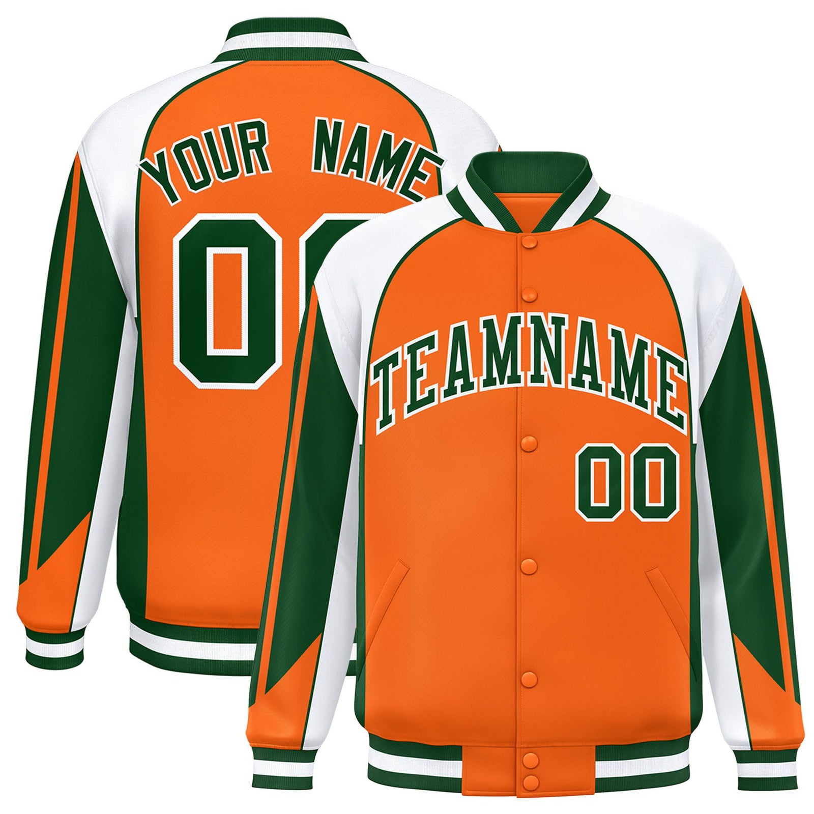 Custom Orange White Kelly-Green Raglan Sleeves Varsity Letterman Two Tone Jacket