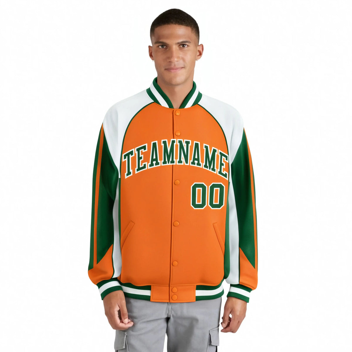Custom Orange White Kelly-Green Raglan Sleeves Varsity Letterman Two Tone Jacket
