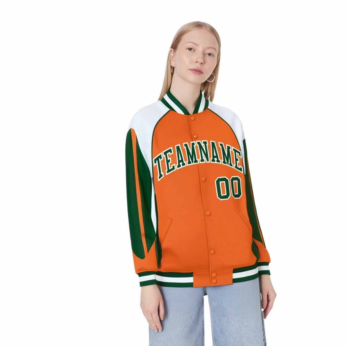 Custom Orange White Kelly-Green Raglan Sleeves Varsity Letterman Two Tone Jacket