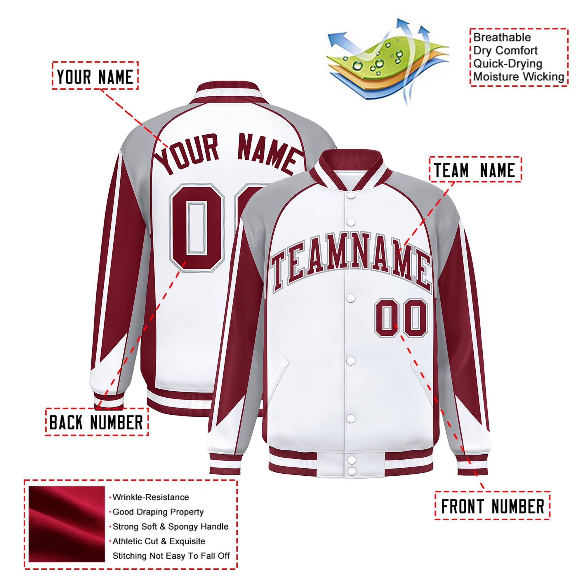 Custom White Gray-Burgundy Raglan Sleeves Varsity Letterman Two Tone Jacket