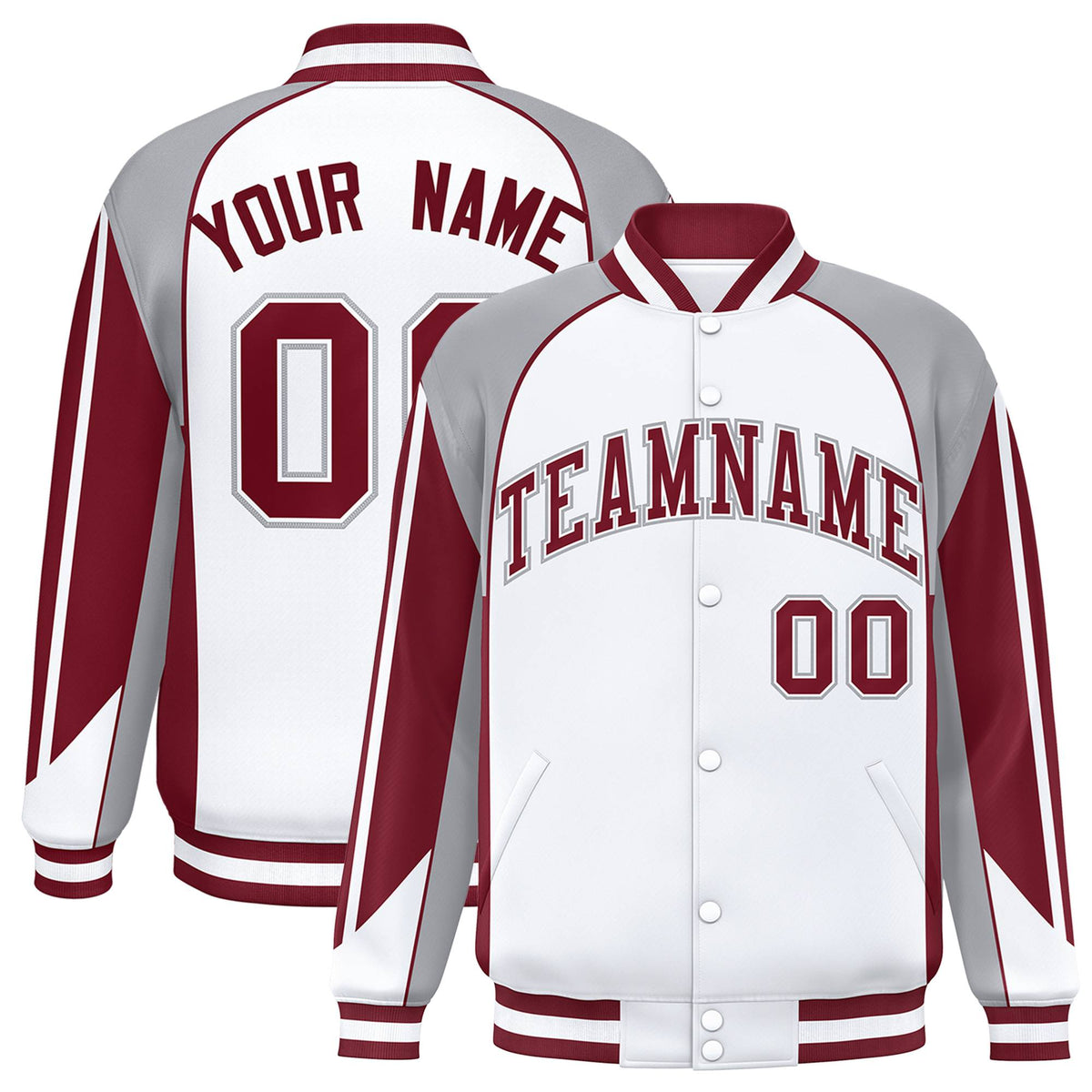 Custom White Gray-Burgundy Raglan Sleeves Varsity Letterman Two Tone Jacket