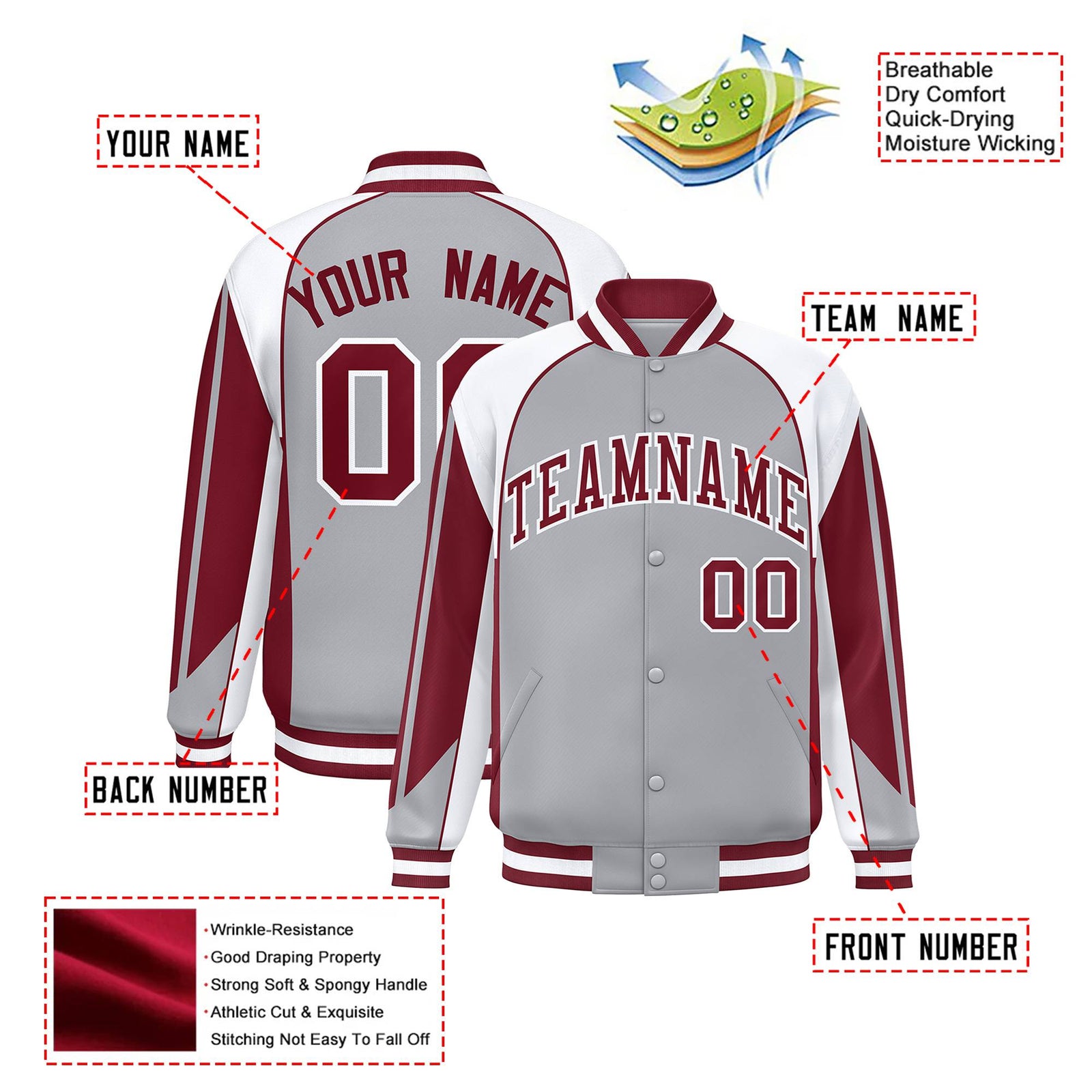 Custom Gray White-Burgundy Raglan Sleeves Varsity Letterman Two Tone Jacket