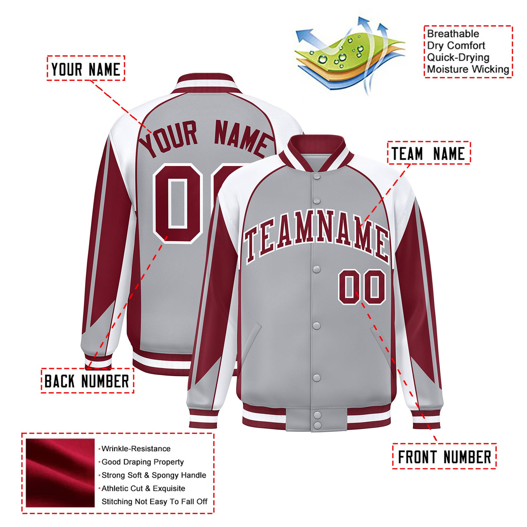 Custom Gray White-Burgundy Raglan Sleeves Varsity Letterman Two Tone Jacket