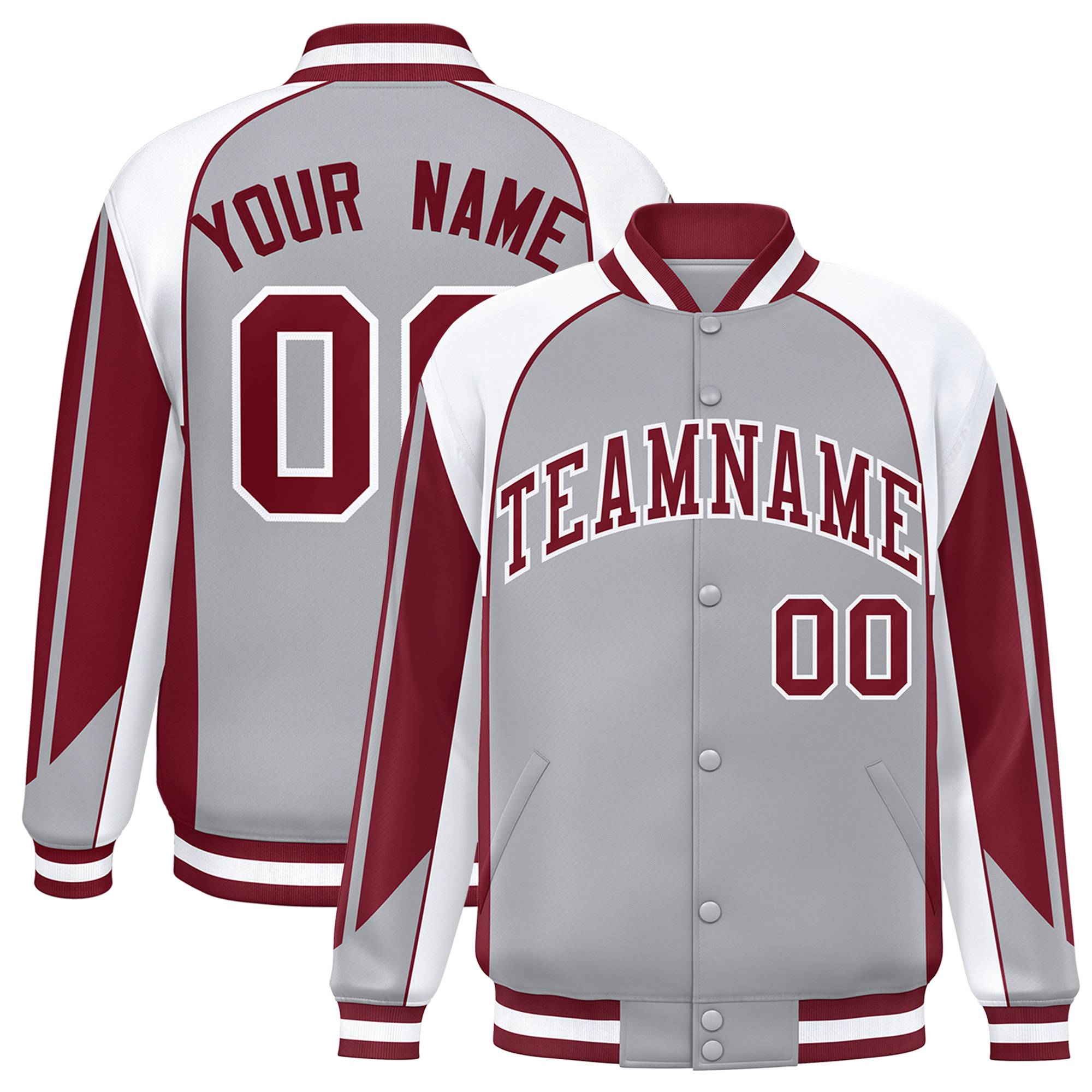 Custom Gray White-Burgundy Raglan Sleeves Varsity Letterman Two Tone Jacket