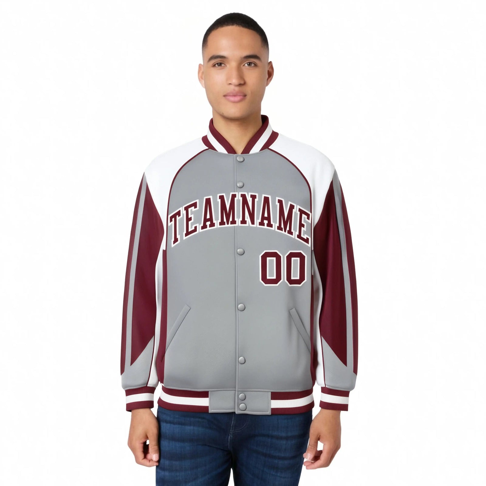 Custom Gray White-Burgundy Raglan Sleeves Varsity Letterman Two Tone Jacket