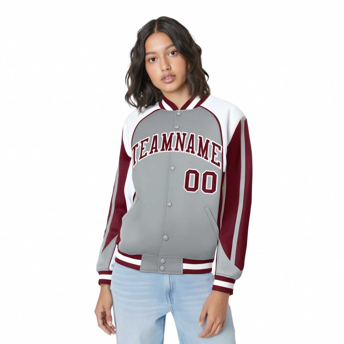 Custom Gray White-Burgundy Raglan Sleeves Varsity Letterman Two Tone Jacket