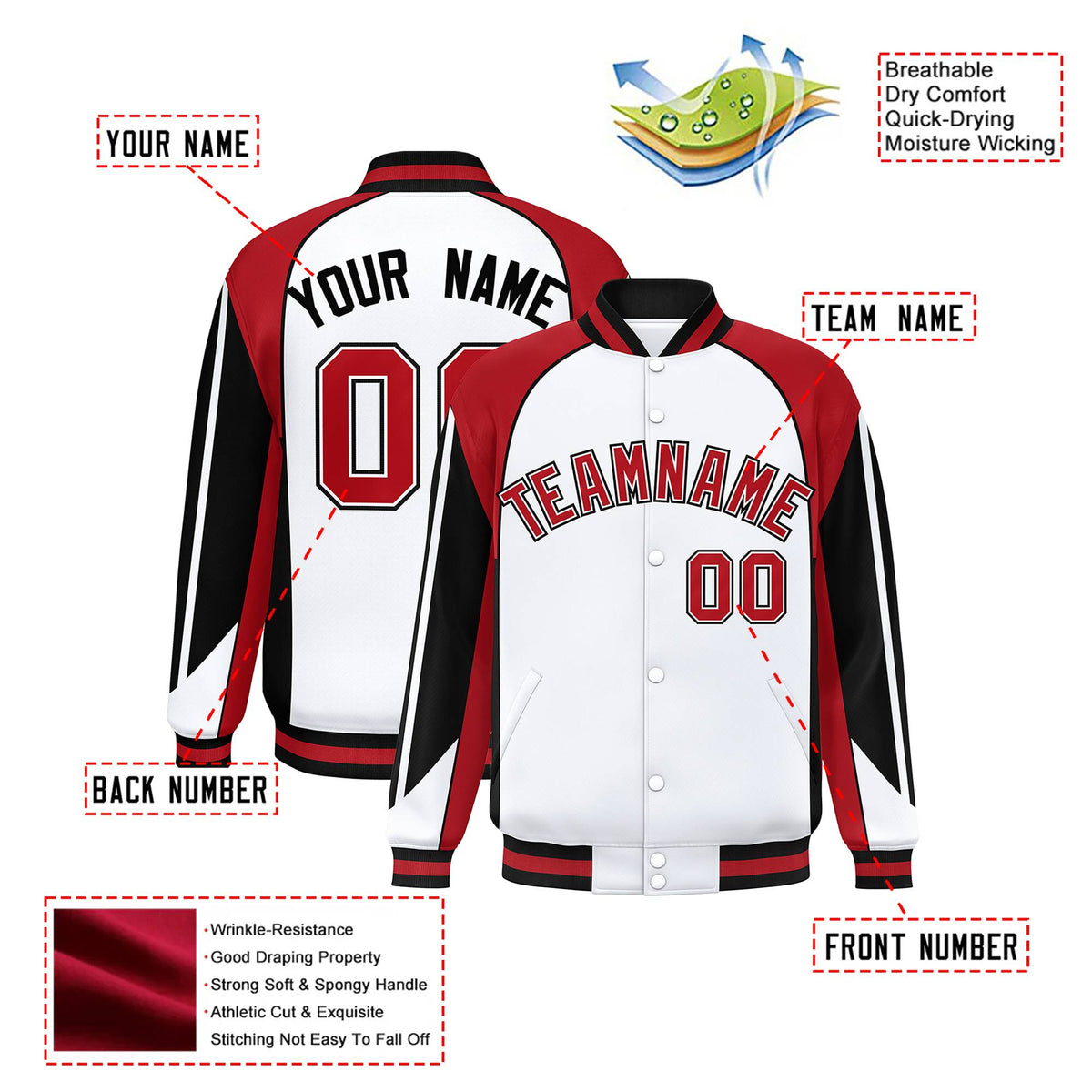 Custom White Red-Black Raglan Sleeves Varsity Letterman Two Tone Jacket