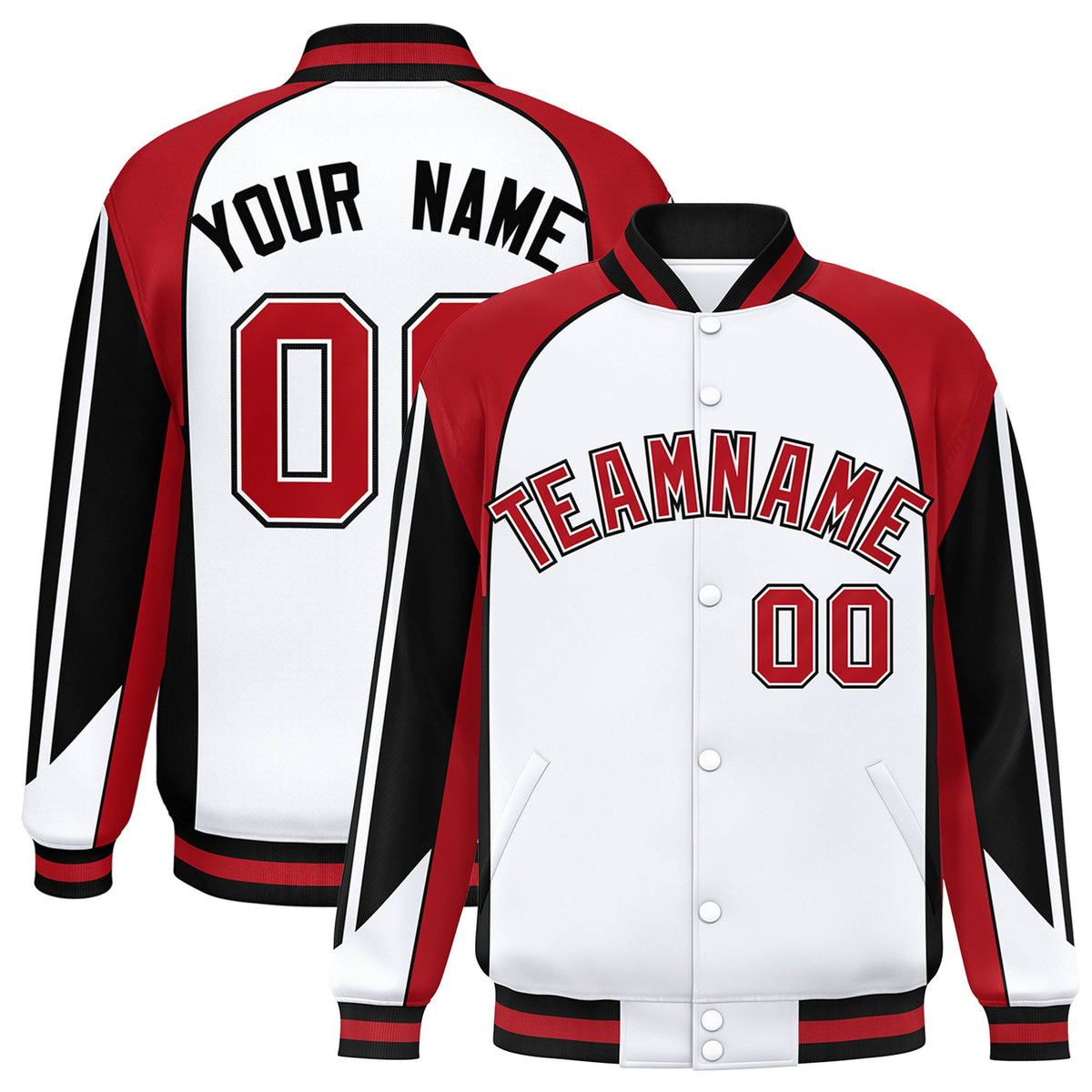 Custom White Red-Black Raglan Sleeves Varsity Letterman Two Tone Jacket