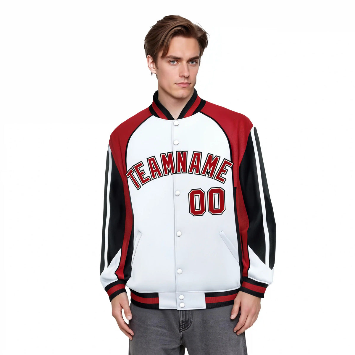 Custom White Red-Black Raglan Sleeves Varsity Letterman Two Tone Jacket