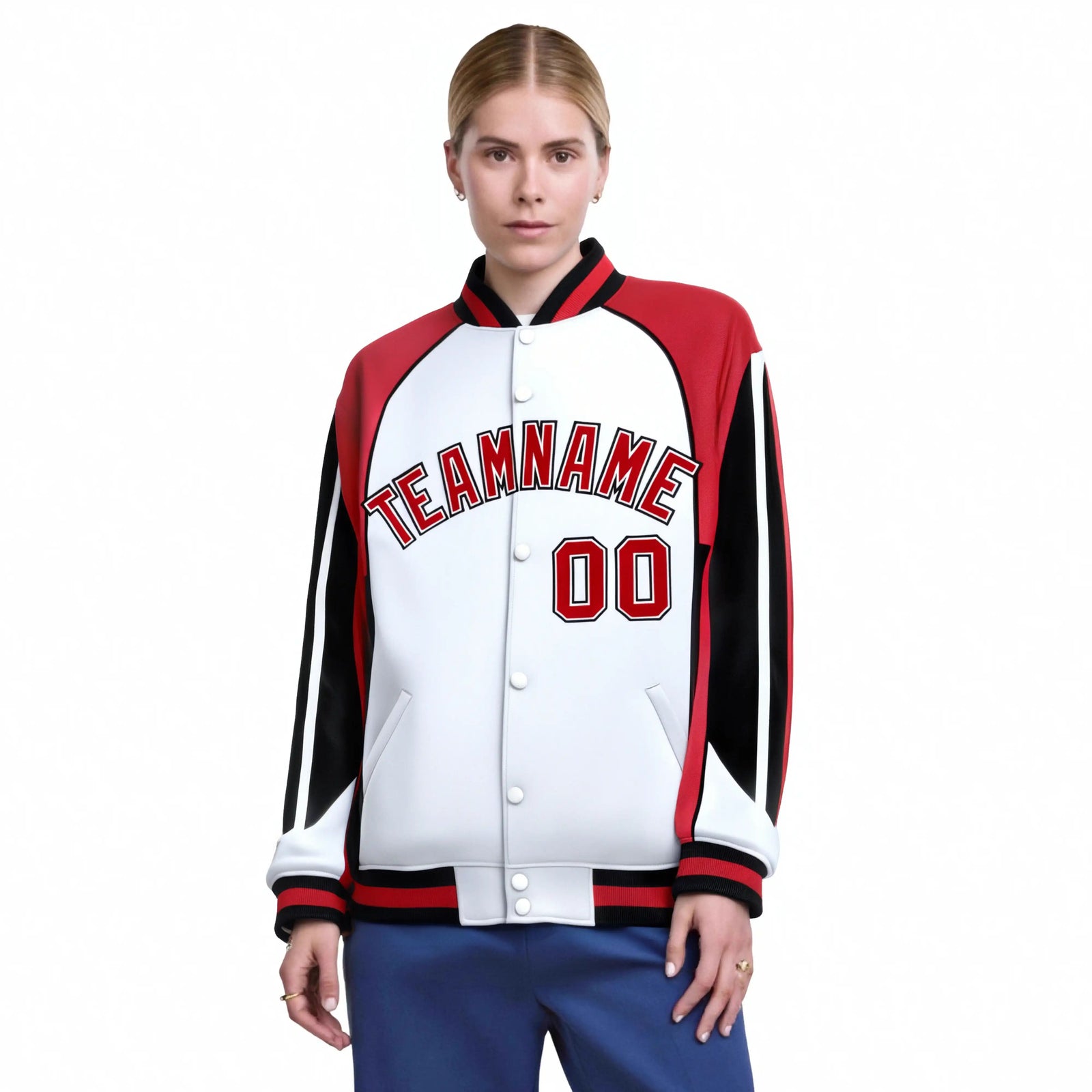 Custom White Red-Black Raglan Sleeves Varsity Letterman Two Tone Jacket