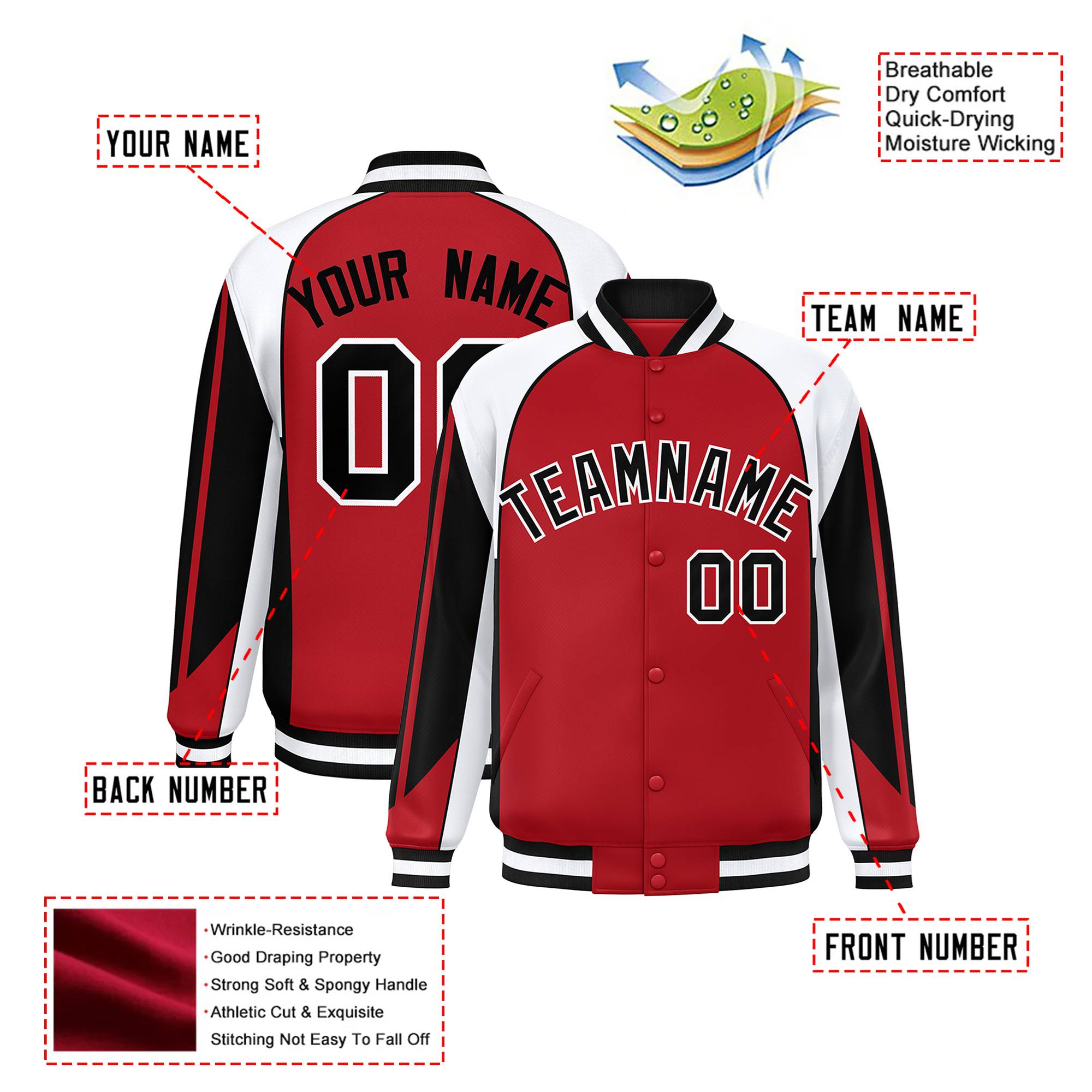 Custom Red Black-White Raglan Sleeves Varsity Letterman Two Tone Jacket