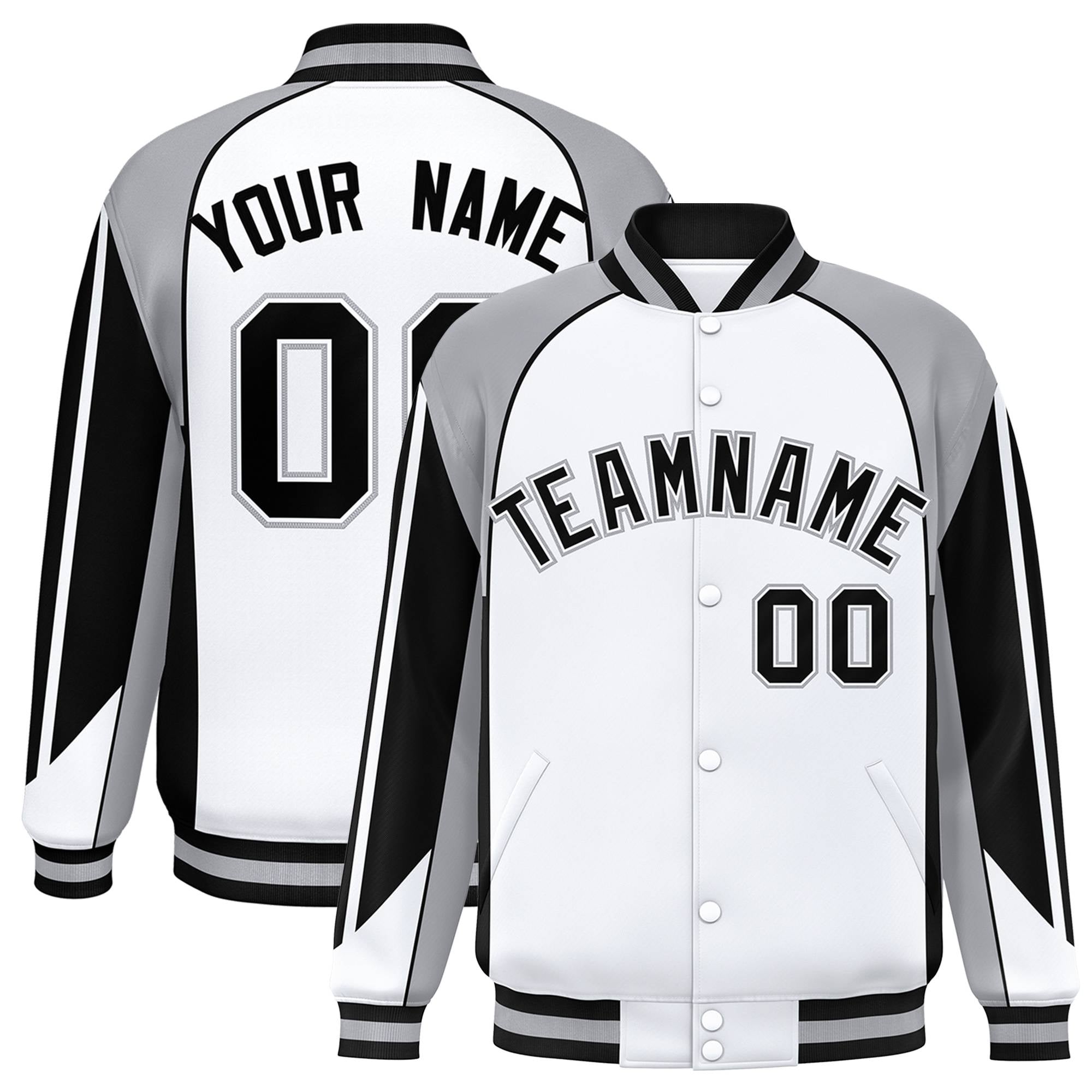 Custom White Gray-Black Raglan Sleeves Varsity Letterman Two Tone Jacket